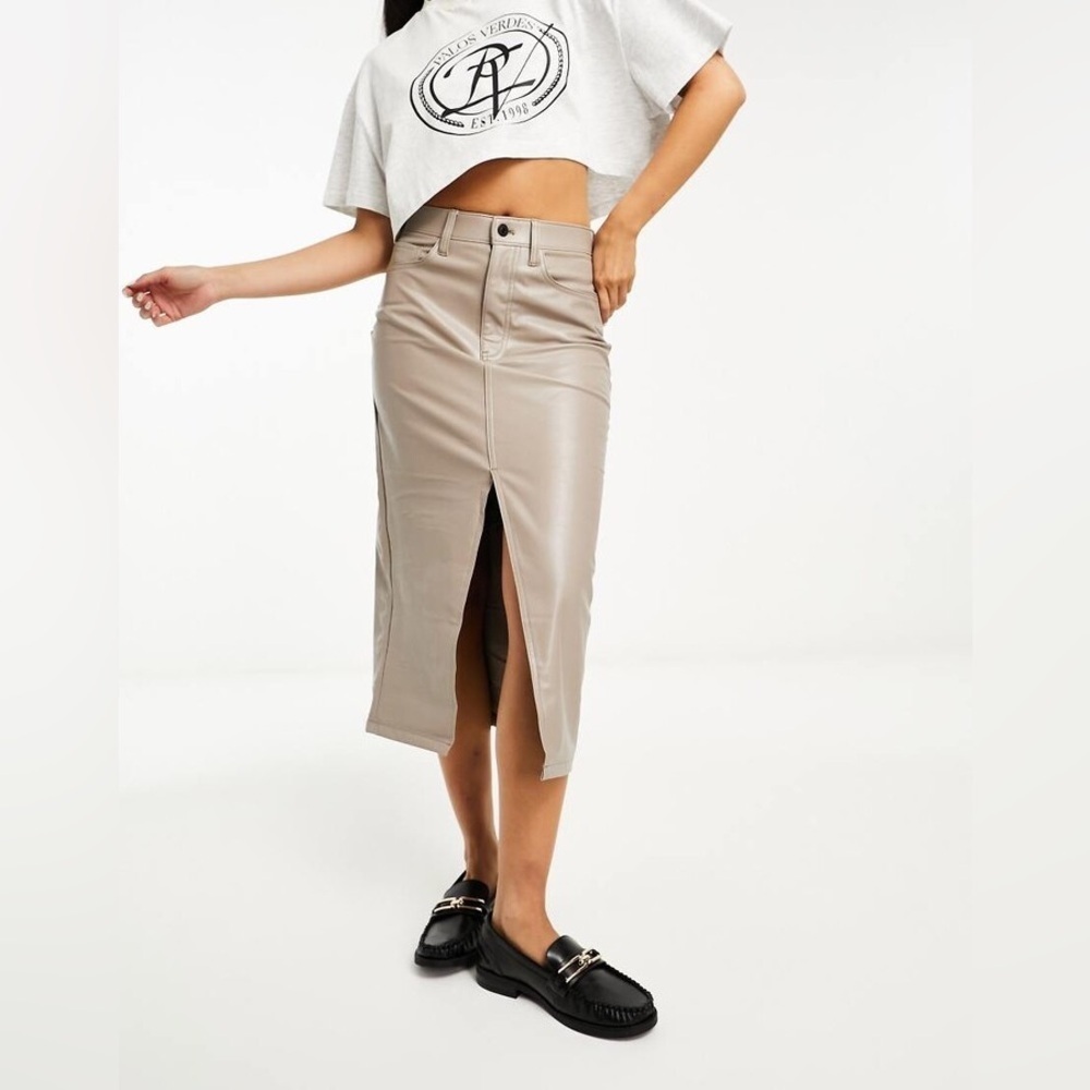 Abercrombie & Fitch Faux Leather Pencil Midi Slit Skirt, Mushroom, Size 31